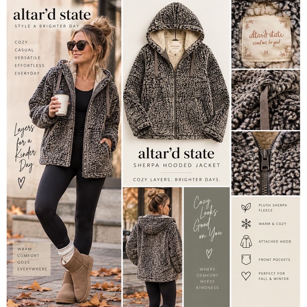 Altar'd State Womens M Charcoal Sherpa Fleece Hooded Jacket Full Zip ASJKX2294